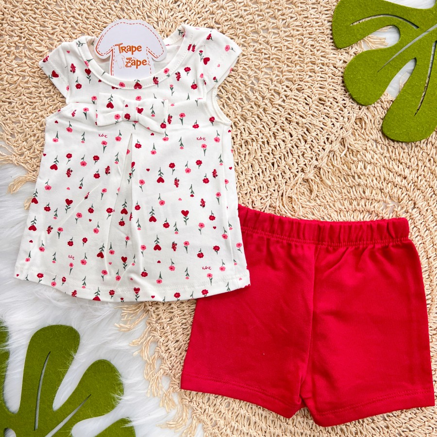 Conj. Blusa Manga Curta Flores e Short - Off White e Vermelho